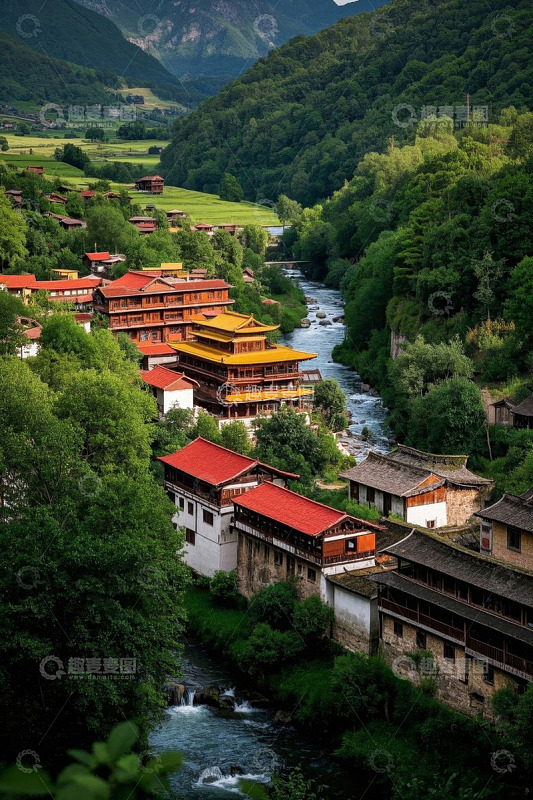 山谷中河流旁的传统建筑群