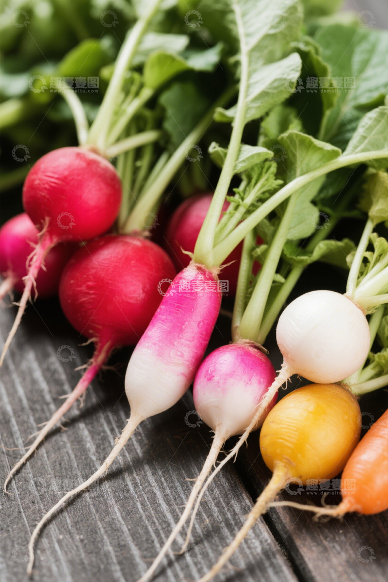 高清大图下载【趣麦麦图】多彩萝卜摆放在木质桌面上
