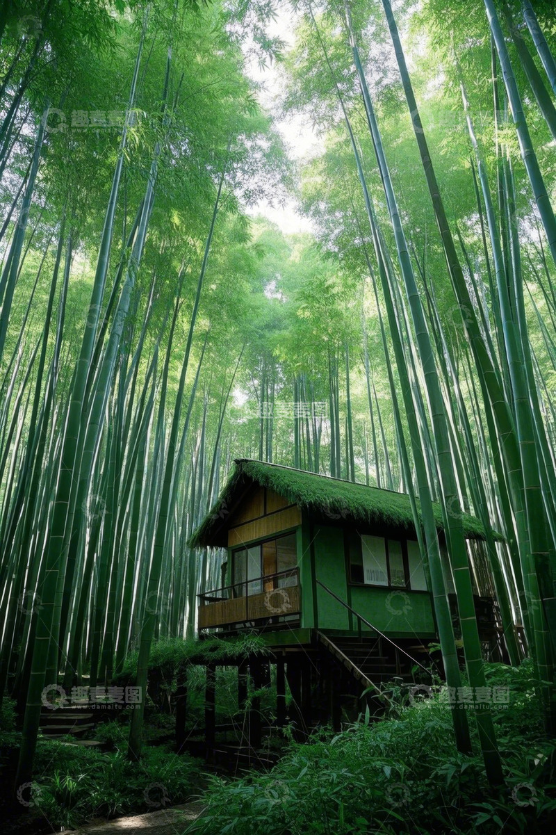 高清大图下载【趣麦麦图】竹林中的小屋风景