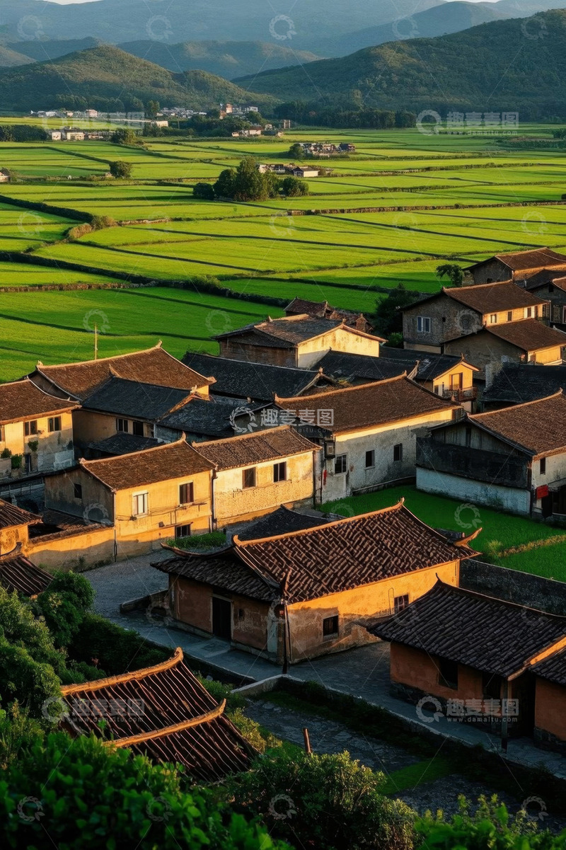 高清大图下载【趣麦麦图】乡村稻田边的传统民居