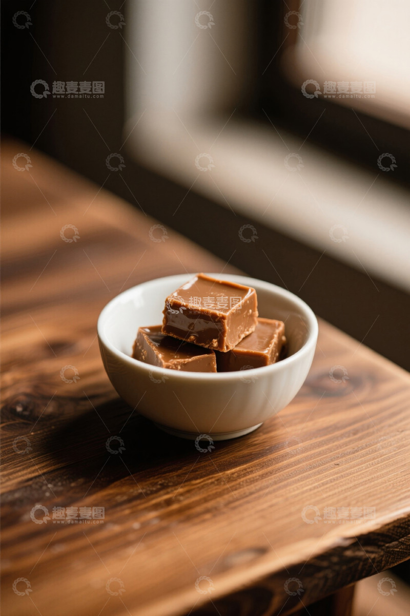 高清大图下载【趣麦麦图】木桌上白碗中的巧克力块