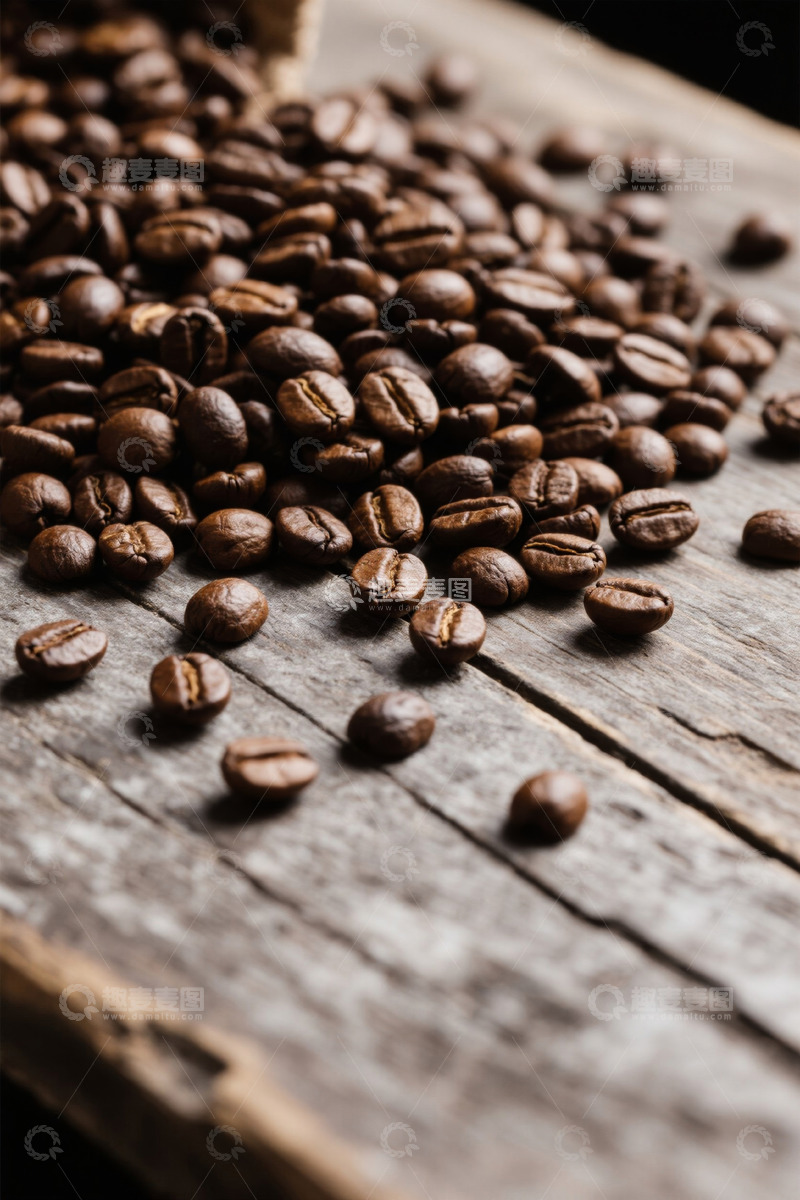 高清大图下载【趣麦麦图】木质桌面上散落的咖啡豆