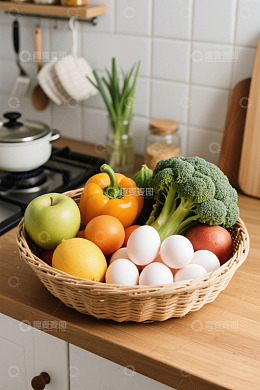 厨房台面上篮子里的食材