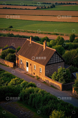 乡村田野旁的小屋俯瞰