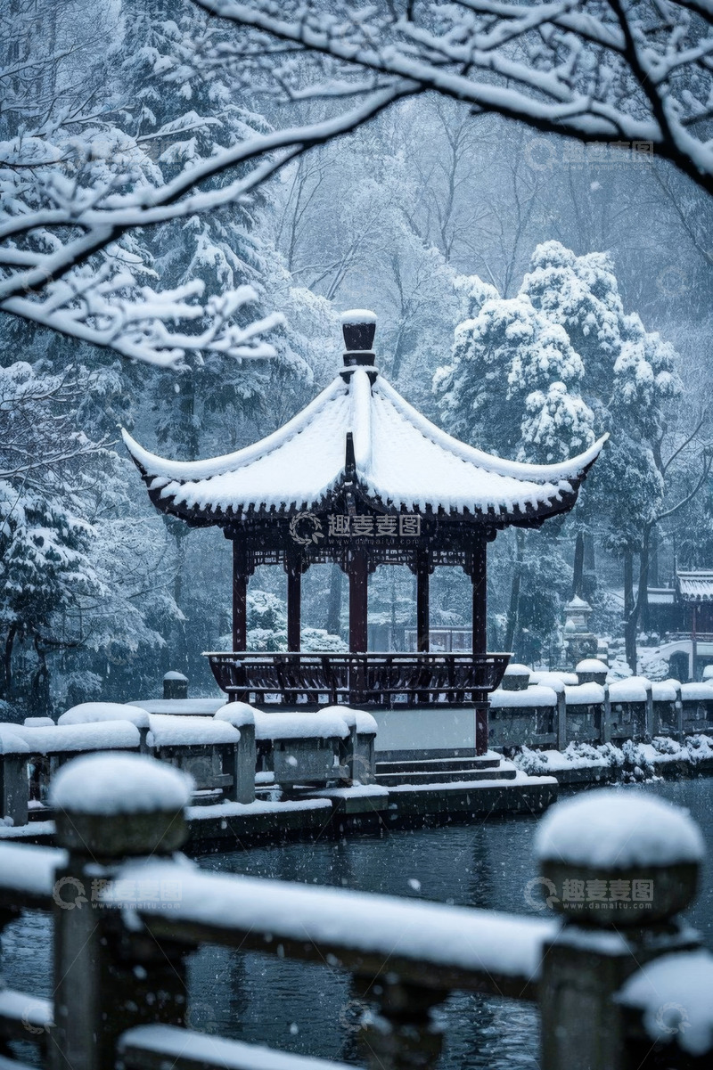 高清大图下载【趣麦麦图】雪景中的中式凉亭