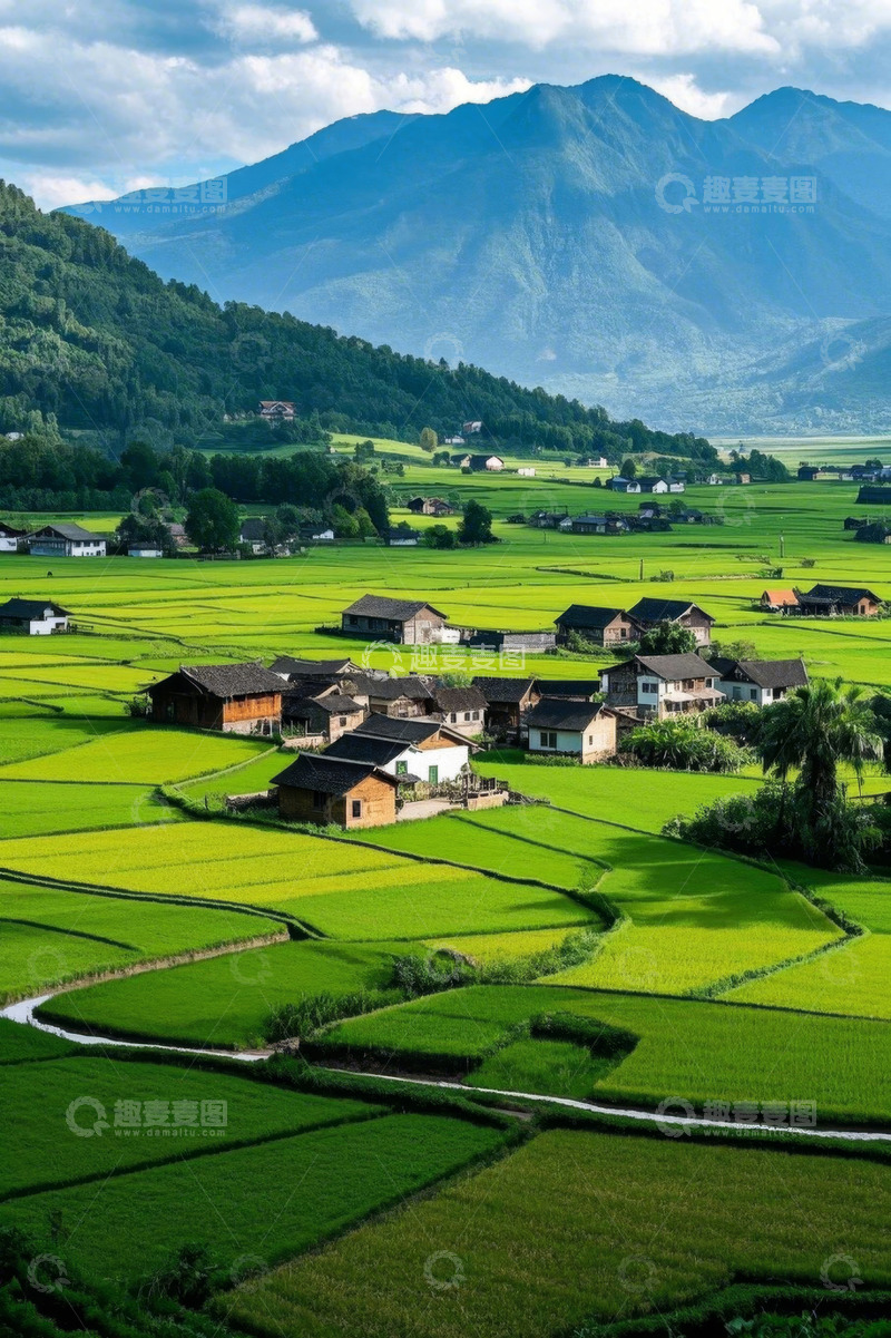 高清大图下载【趣麦麦图】乡村田园稻田与民居景观