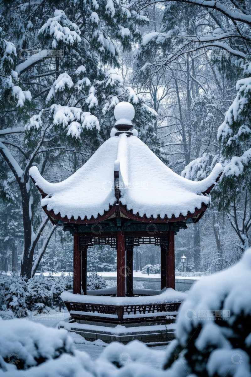 高清大图下载【趣麦麦图】雪中中式凉亭景观