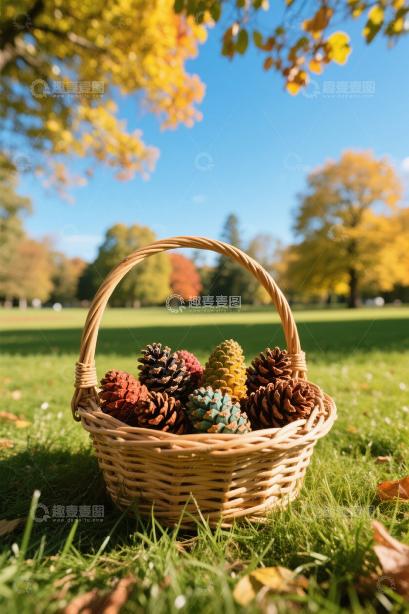 高清大图下载【趣麦麦图】草地上装满松果的藤编篮