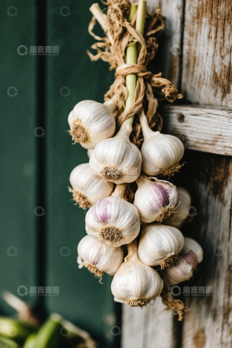 高清大图下载【趣麦麦图】悬挂在木墙上的大蒜串