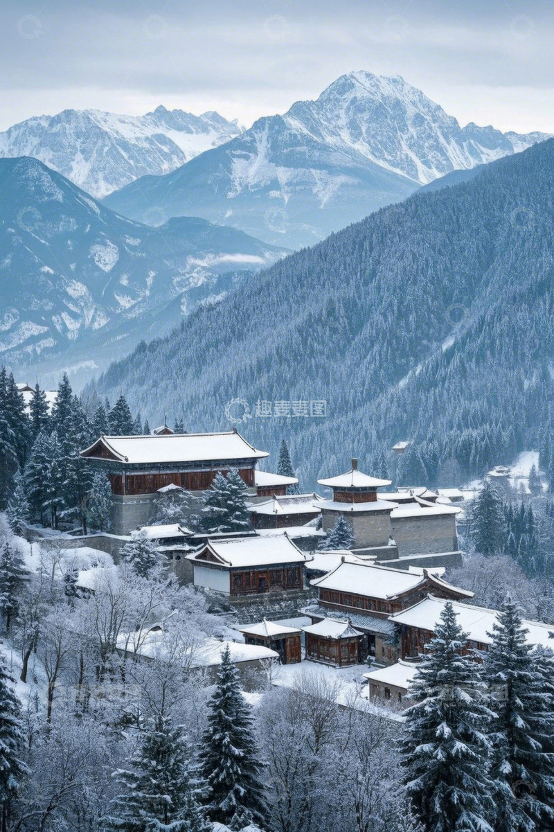 高清大图下载【趣麦麦图】雪山下被雪覆盖的中式建筑群