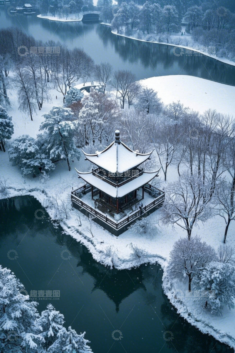 高清大图下载【趣麦麦图】西湖雪景中式楼阁鸟瞰