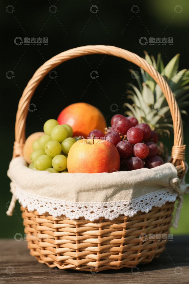 高清大图下载【趣麦麦图】装满水果的藤编篮子