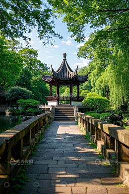 中式园林石径通向古亭景观