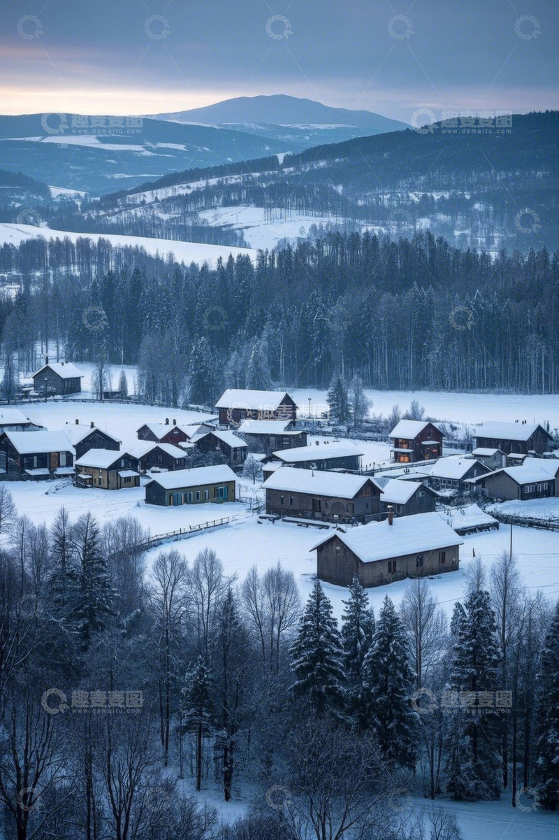 高清大图下载【趣麦麦图】雪覆盖的山村与森林景观