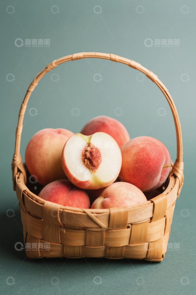 高清大图下载【趣麦麦图】竹篮中新鲜的桃子静物
