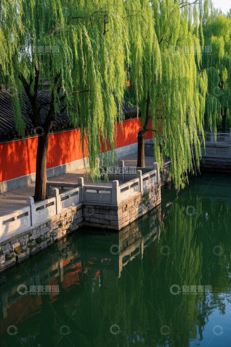 高清大图下载【趣麦麦图】红墙柳岸水边景致