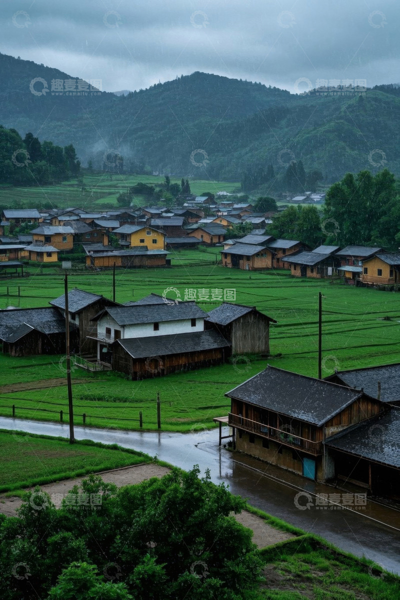 高清大图下载【趣麦麦图】雨中乡村稻田与民居景观
