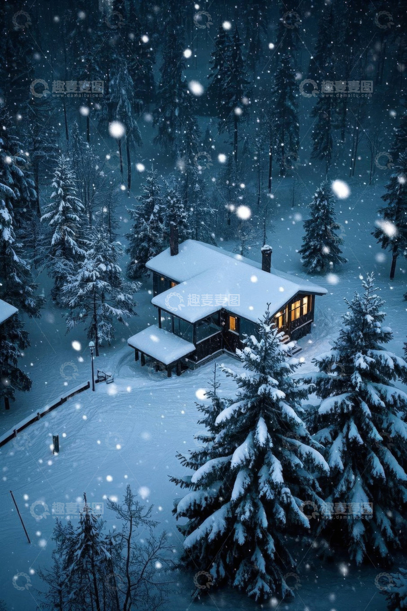高清大图下载【趣麦麦图】冬夜雪中的林间小屋