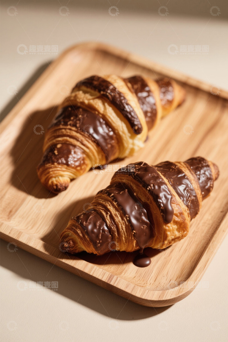 高清大图下载【趣麦麦图】木盘上的巧克力酱牛角面包