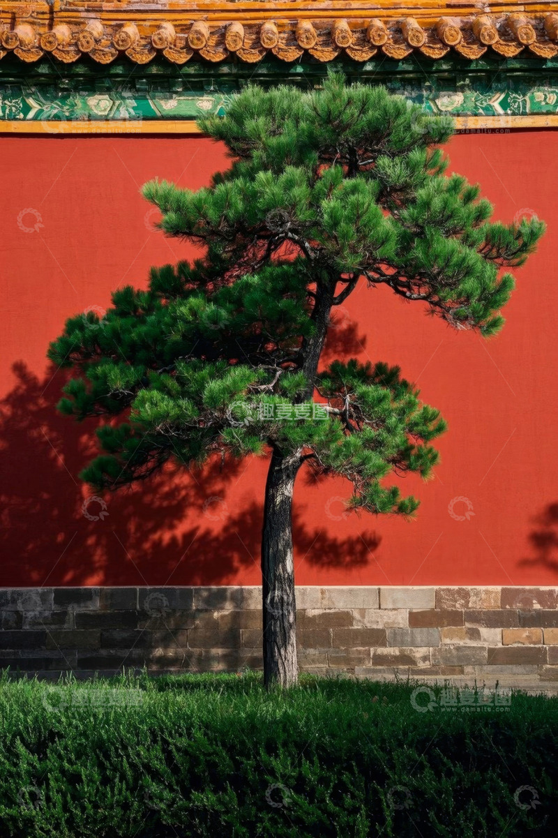 高清大图下载【趣麦麦图】红墙前的苍松特写