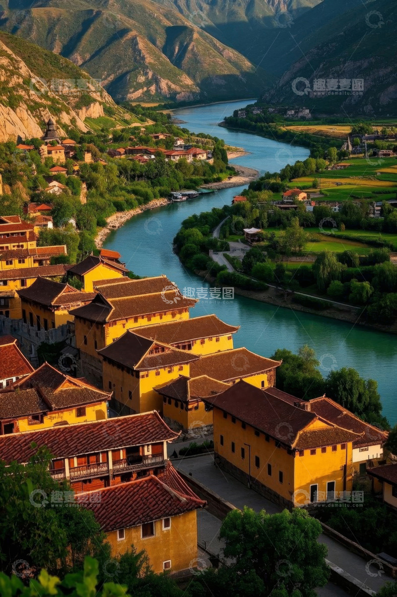 高清大图下载【趣麦麦图】河畔村庄与远山自然风光