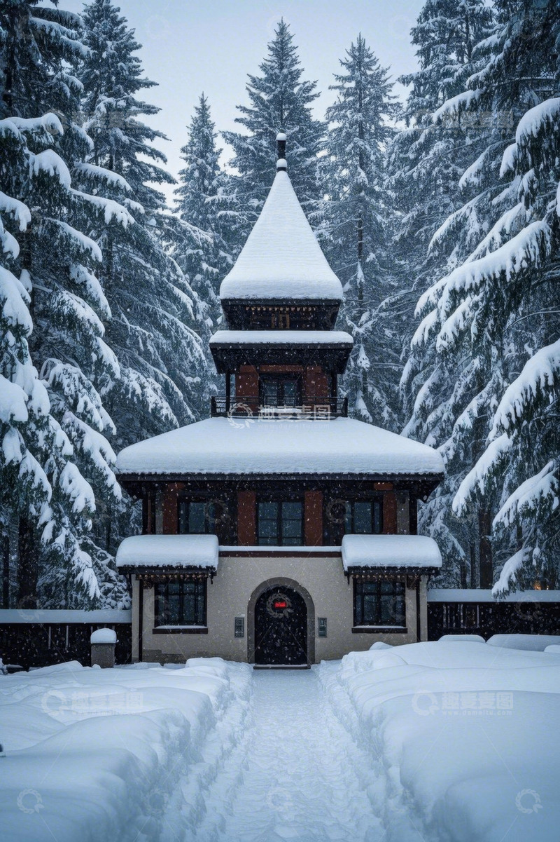 高清大图下载【趣麦麦图】雪林中的尖顶小屋景观
