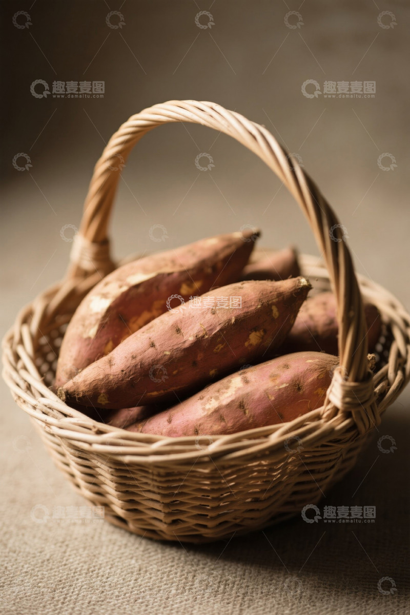 高清大图下载【趣麦麦图】竹篮中摆放的新鲜红薯