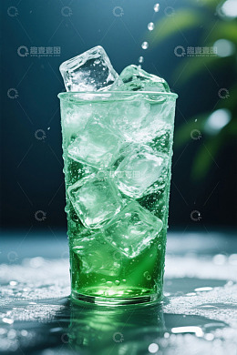 装有绿色液体和冰块的玻璃杯