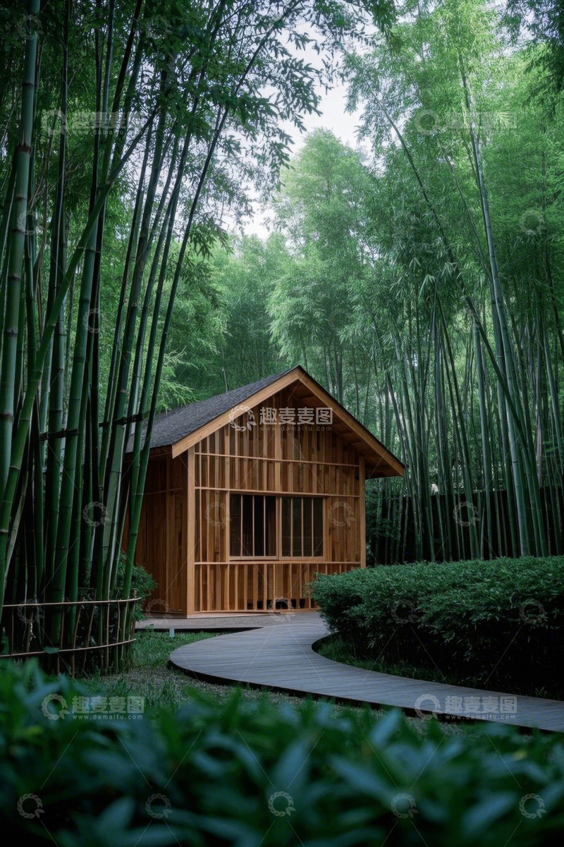高清大图下载【趣麦麦图】竹林中的木质小屋景观