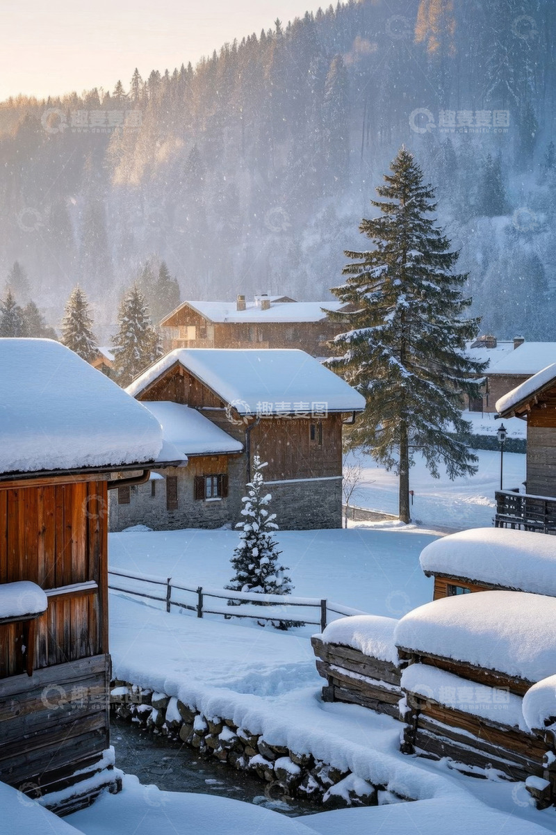高清大图下载【趣麦麦图】雪后山村木屋与森林景观