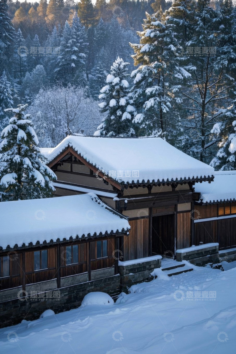 高清大图下载【趣麦麦图】雪覆中式建筑与森林景观