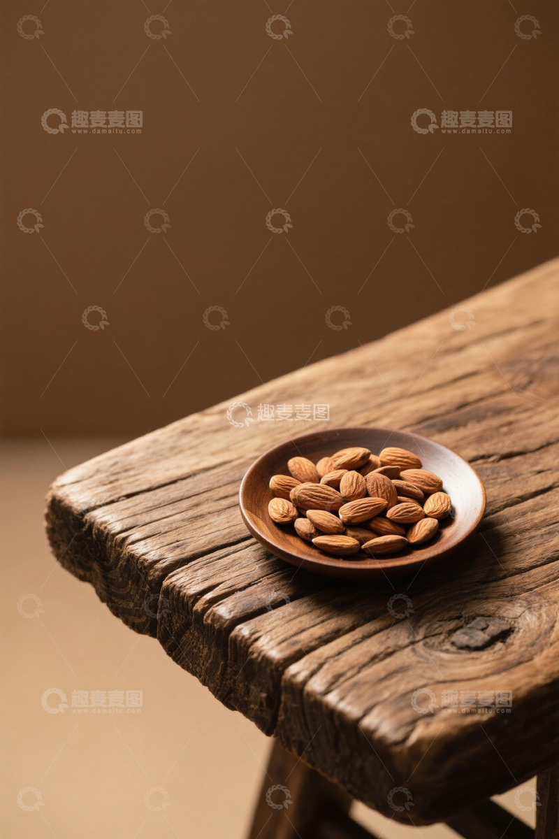 高清大图下载【趣麦麦图】木桌上木盘内的杏仁特写