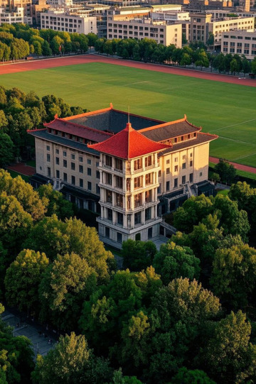 大学校园建筑与操场航拍