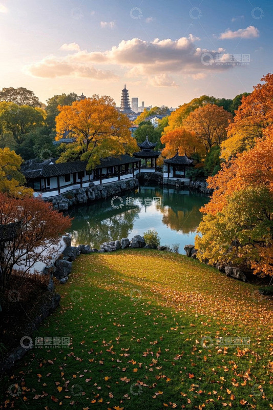 秋日苏州园林湖景风光