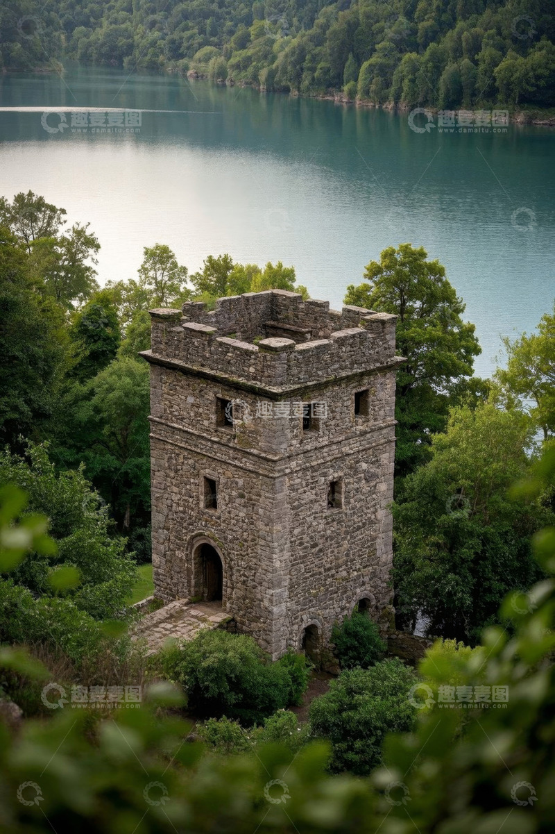 高清大图下载【趣麦麦图】湖畔古老石塔与自然风光