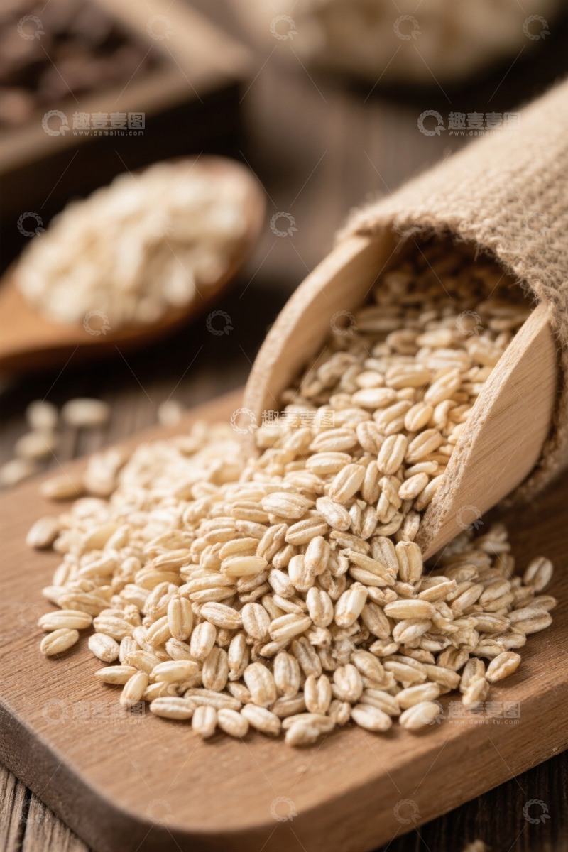 高清大图下载【趣麦麦图】木勺麻布中的燕麦谷物素材