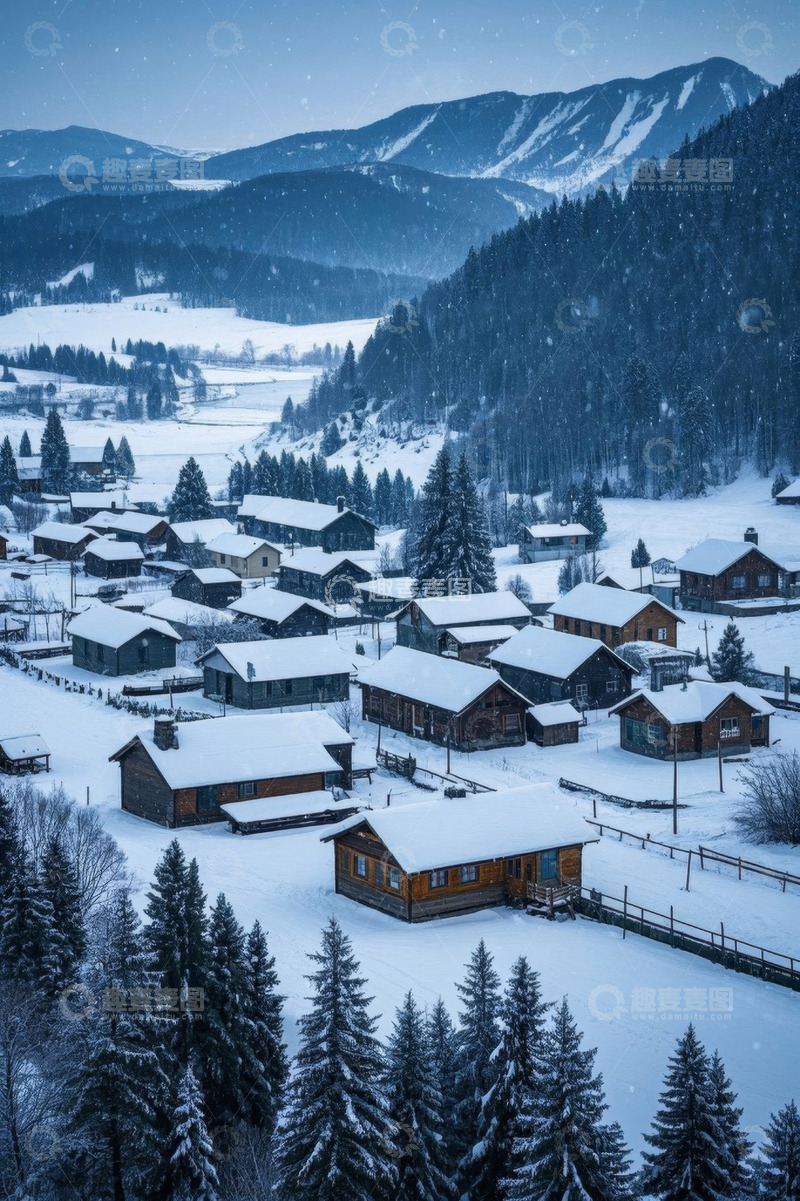 高清大图下载【趣麦麦图】雪中山村全景