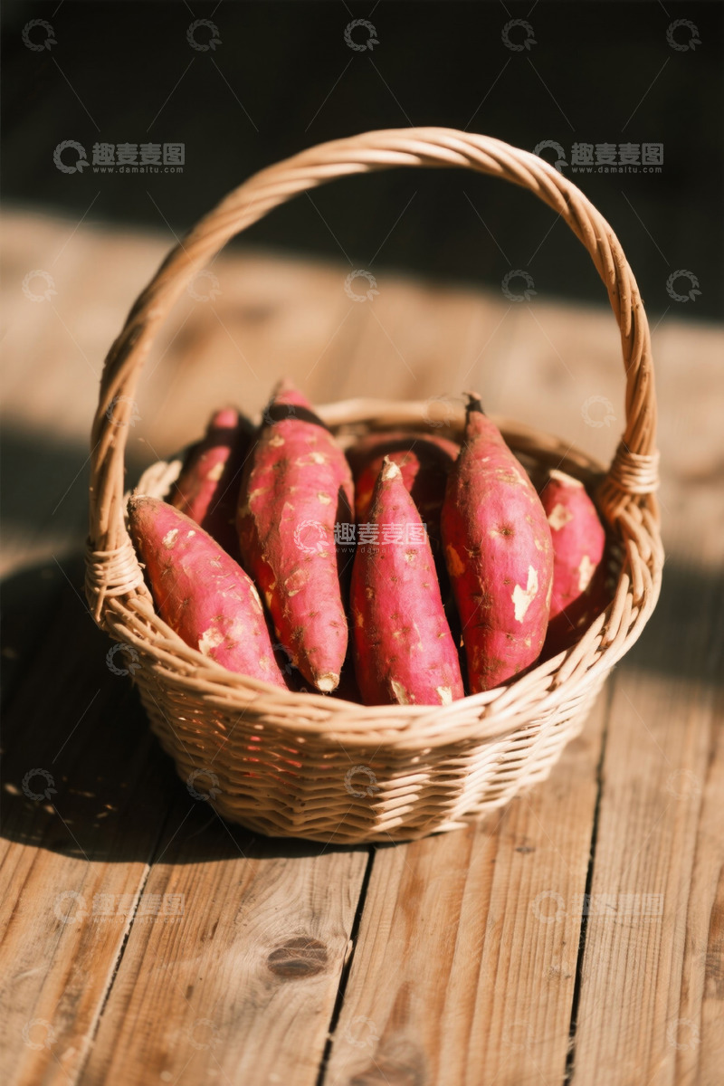 高清大图下载【趣麦麦图】篮装红薯摆放在木质桌面上