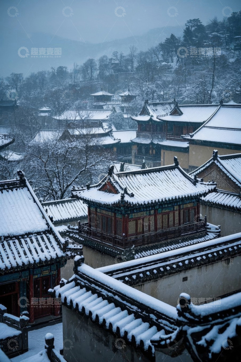 高清大图下载【趣麦麦图】中式古建筑群雪景俯瞰