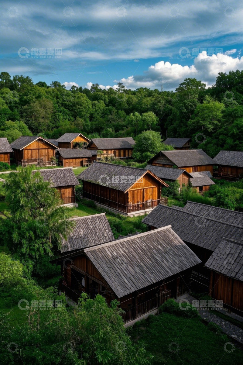 高清大图下载【趣麦麦图】森林中的木质房屋群落