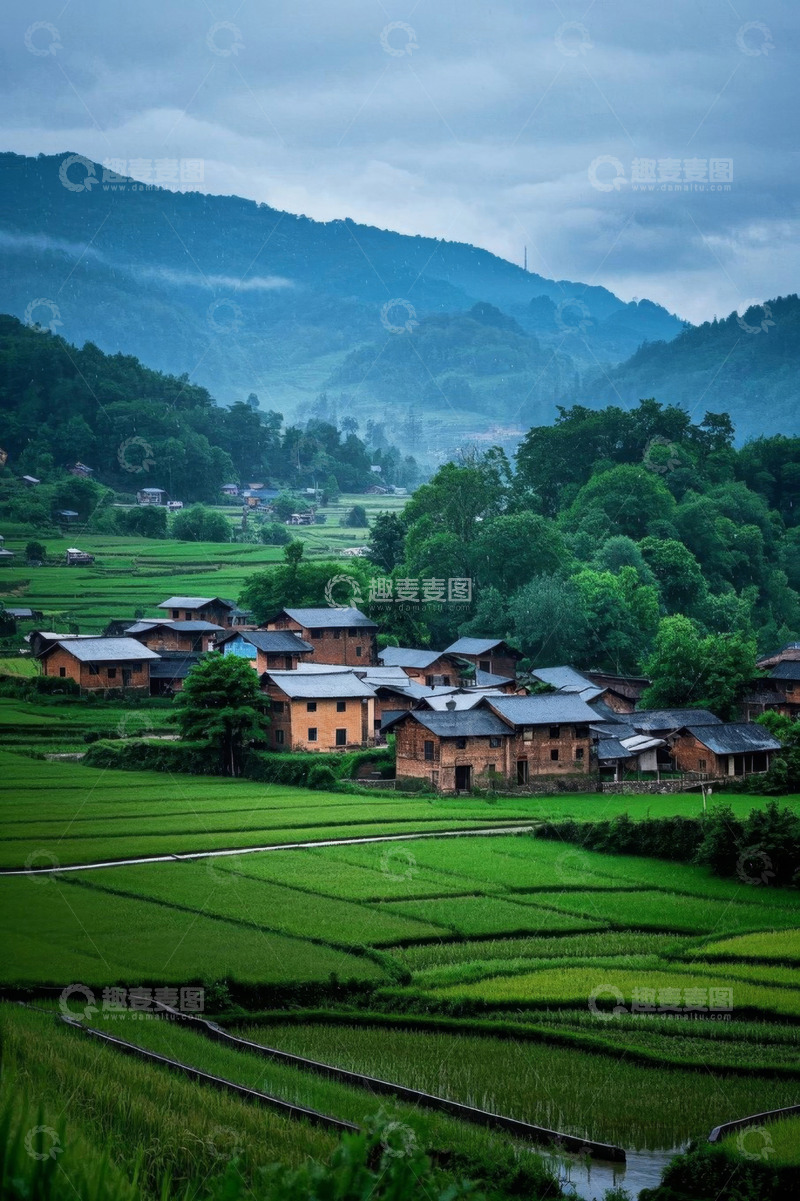 高清大图下载【趣麦麦图】乡村稻田与民居风景