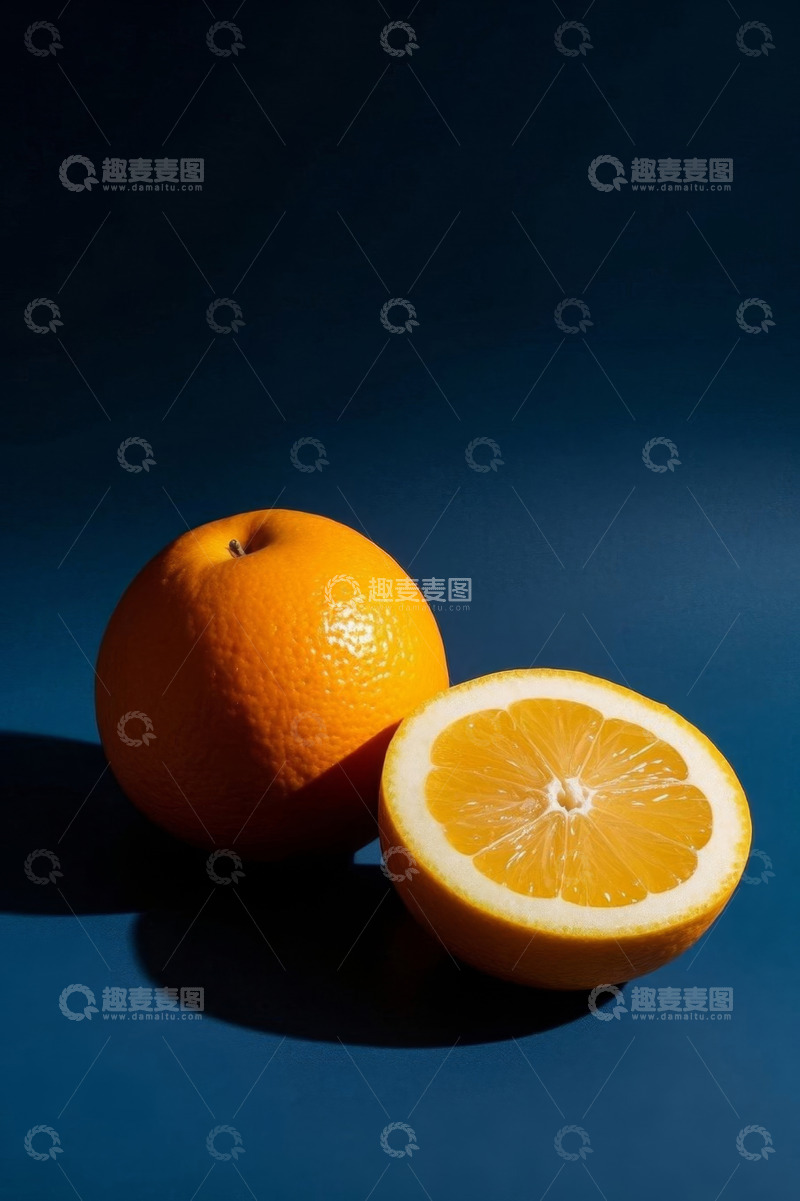 高清大图下载【趣麦麦图】蓝色背景下的橙子和半颗切面