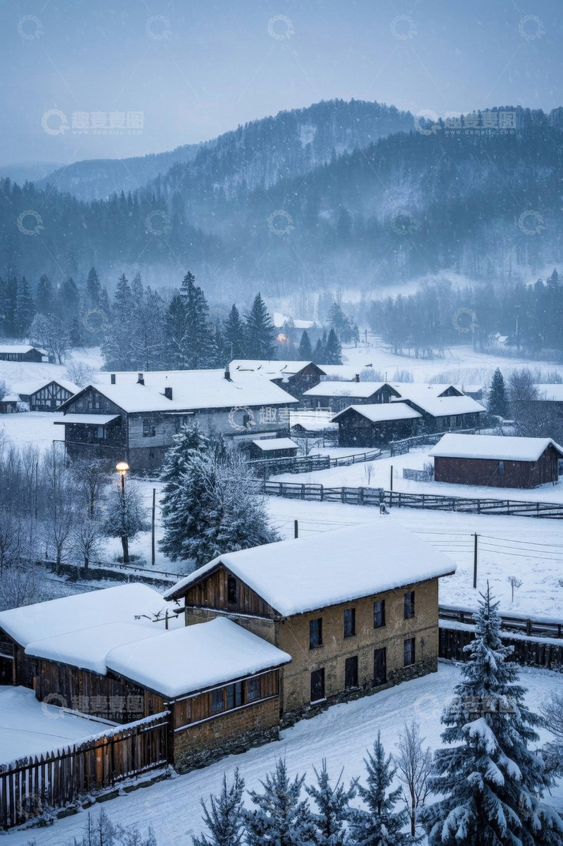 高清大图下载【趣麦麦图】雪覆盖的村庄与森林景观