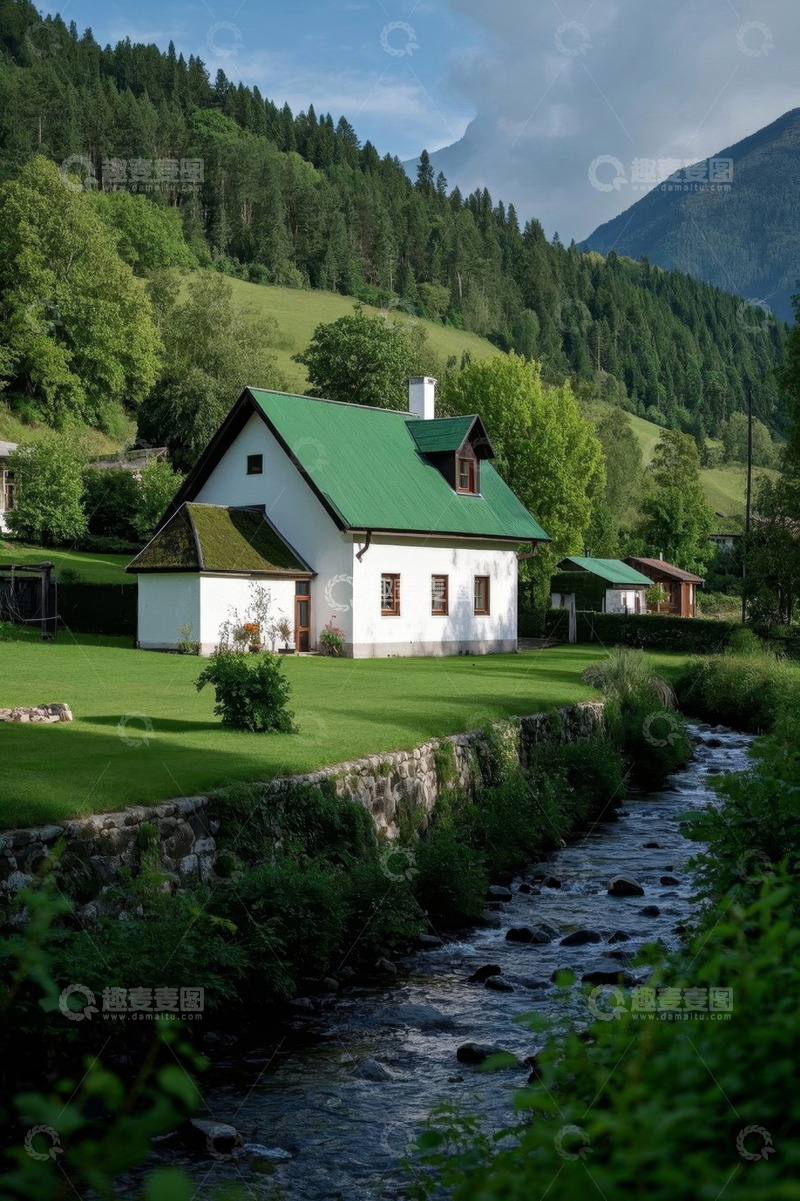 高清大图下载【趣麦麦图】山间溪流旁的白色小屋风景