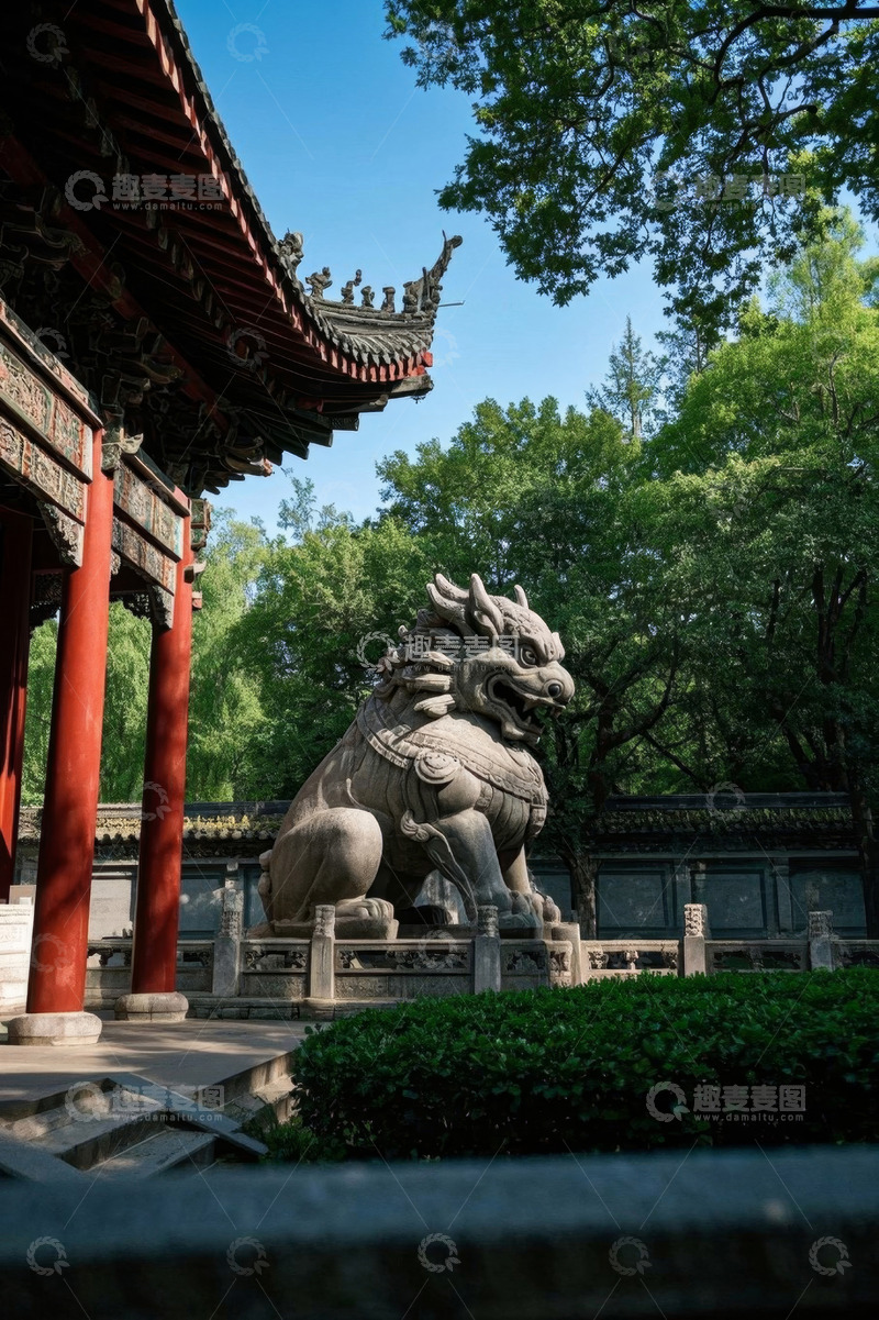 高清大图下载【趣麦麦图】中式古建筑前的石狮子景观