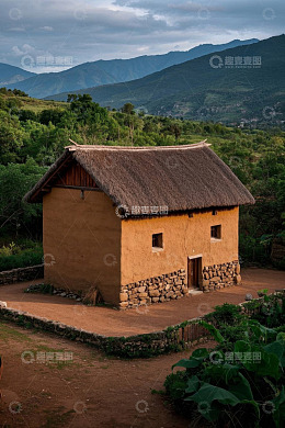 山间乡村茅草屋风景