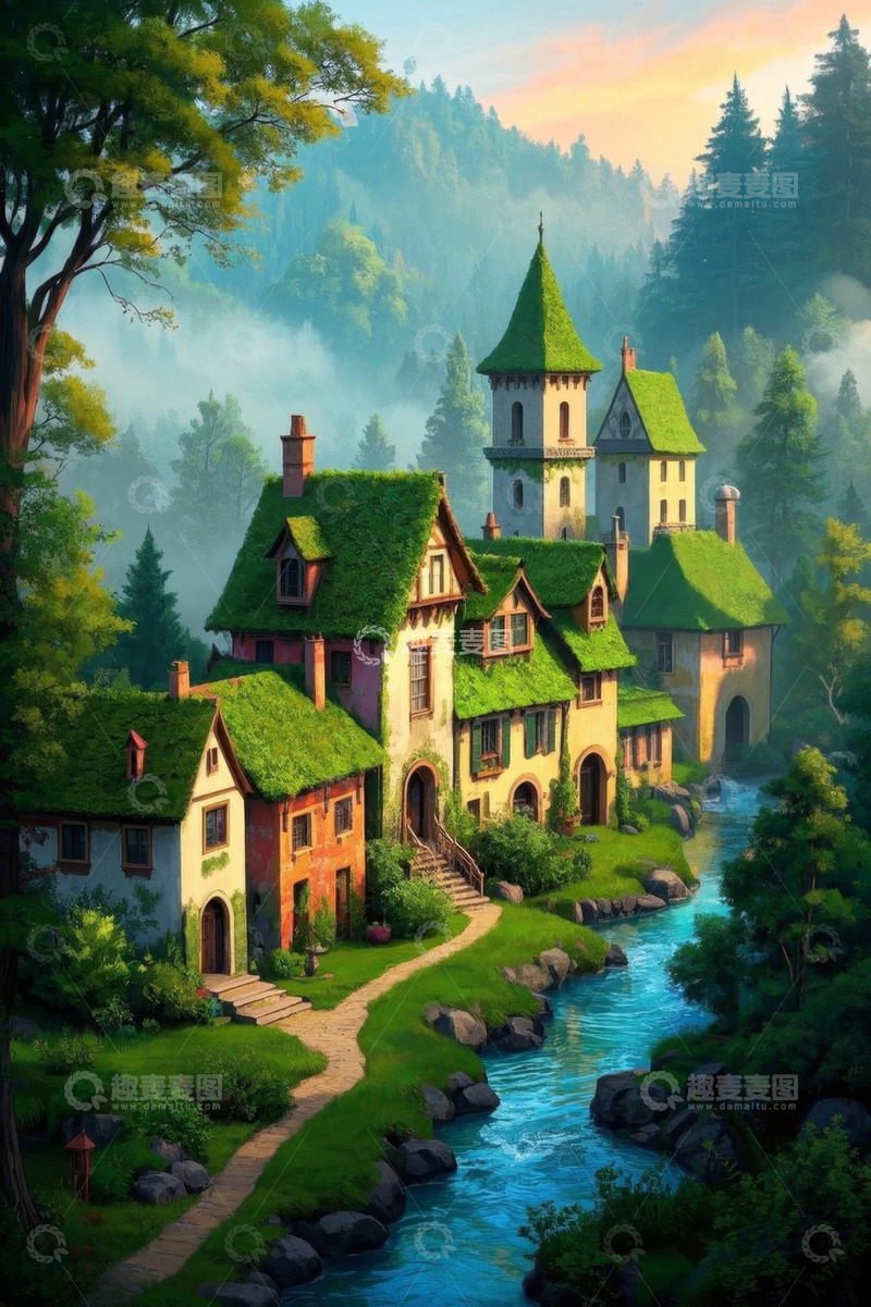 高清大图下载【趣麦麦图】森林中童话风格的房屋景观