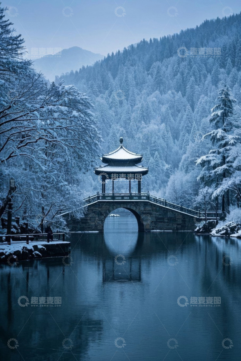 高清大图下载【趣麦麦图】雪后湖景石桥古亭风景