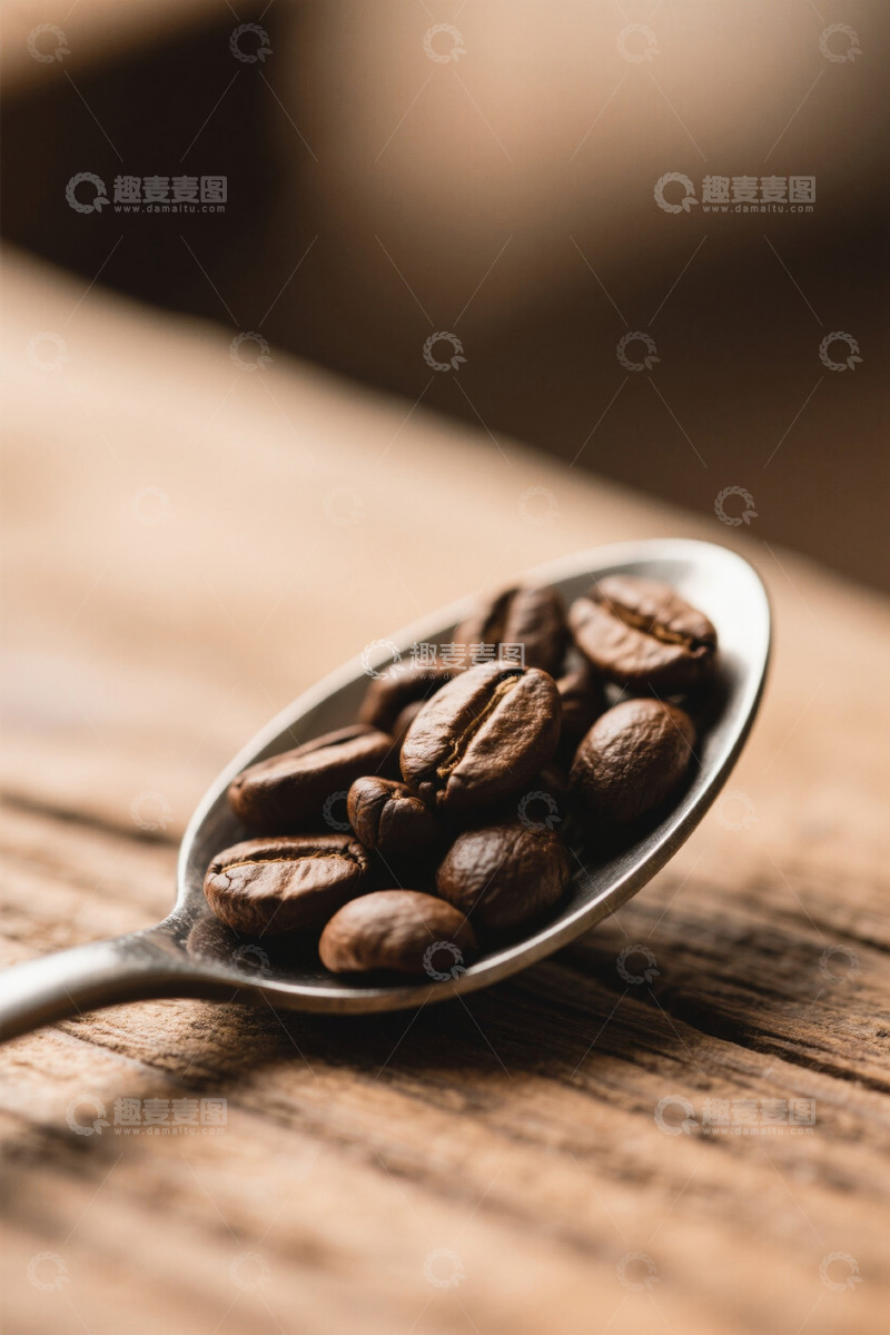 高清大图下载【趣麦麦图】木桌上银勺中的咖啡豆