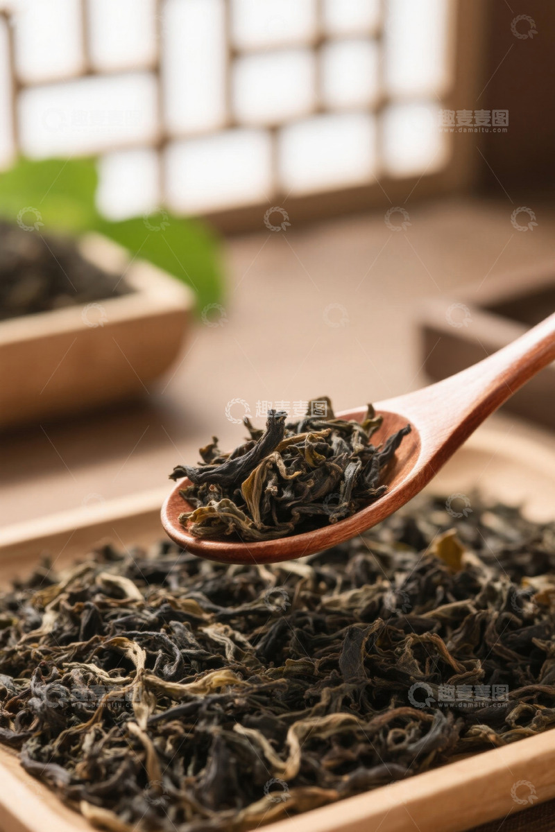 高清大图下载【趣麦麦图】木勺盛放的干茶叶特写